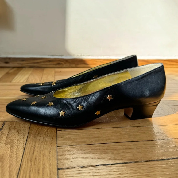 Escada Heels 80s Vintage Star-Studded Low Heel Leather Black Sz 8.5 - Picture 3 of 9
